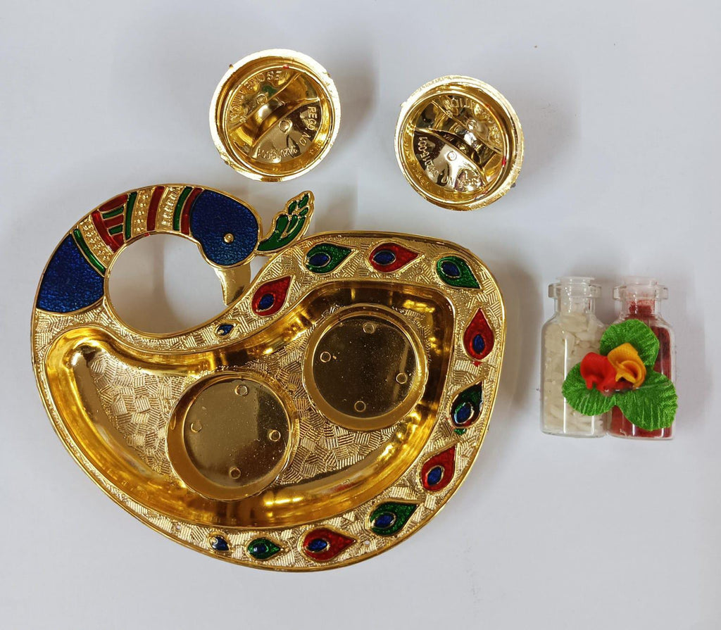 Meenakari Peacock Plate (Plastic) with 2 Small Dibbi 4.5" P12