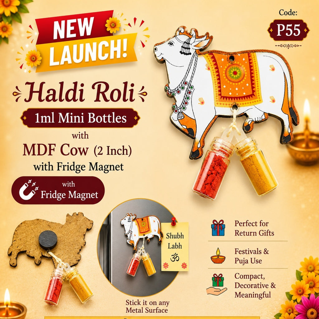 Haldi Roli 1ml mini Bottles with MDF Cow (2 Inch) with Fridge Magnet P55